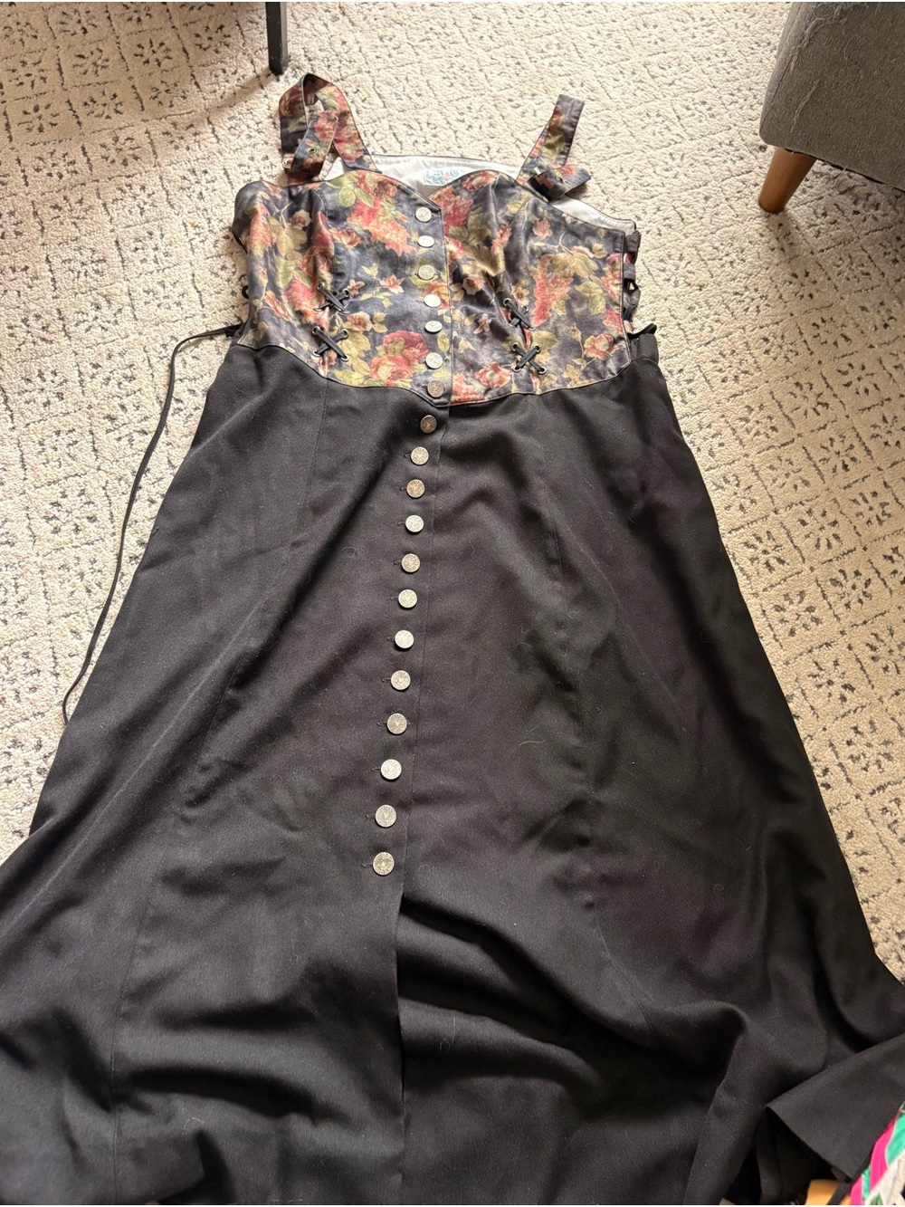 Floral Bustier Black Button-Front Midi Dress